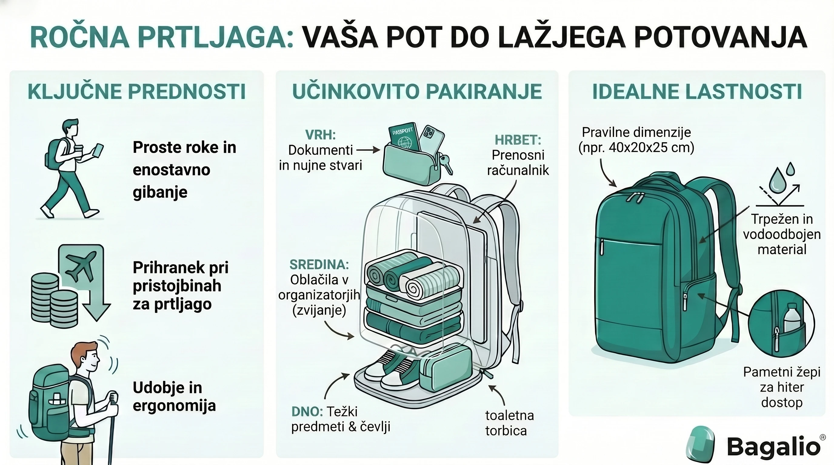 Infografika: kabinski nahrbtnik kot alternativa kovčku – prednosti, pakiranje in mere