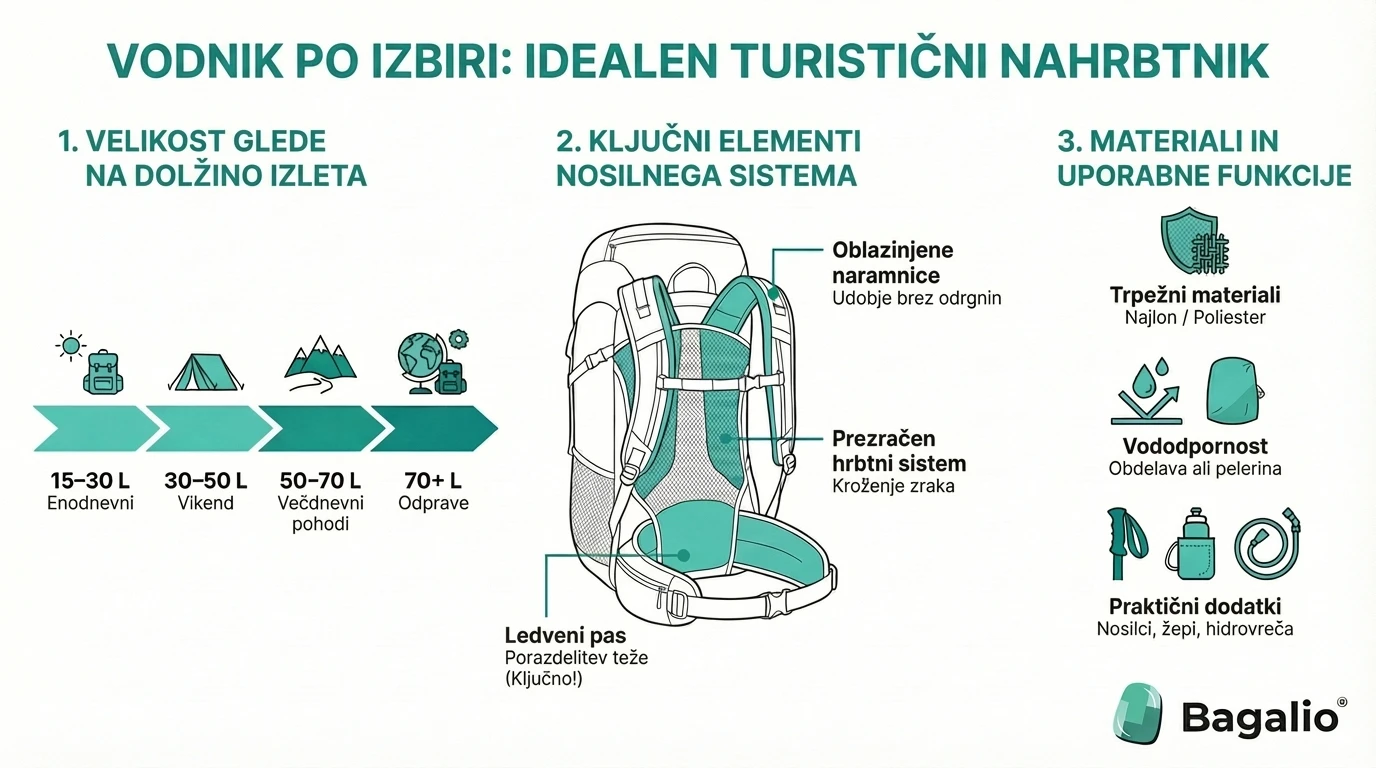 Infografika: Kako izbrati turistični nahrbtnik glede na velikost in funkcije.