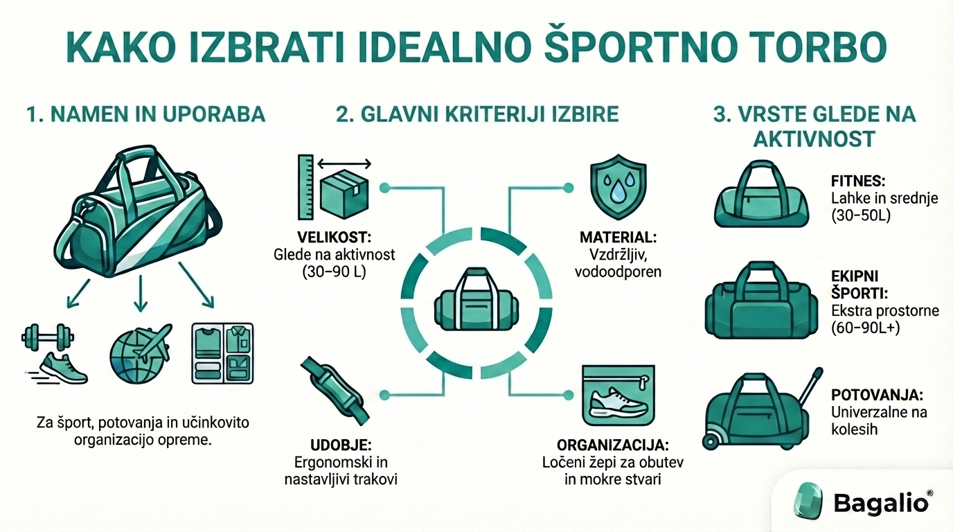 Infografika: Kako izbrati idealno športno torbo glede na namen, velikost in material.